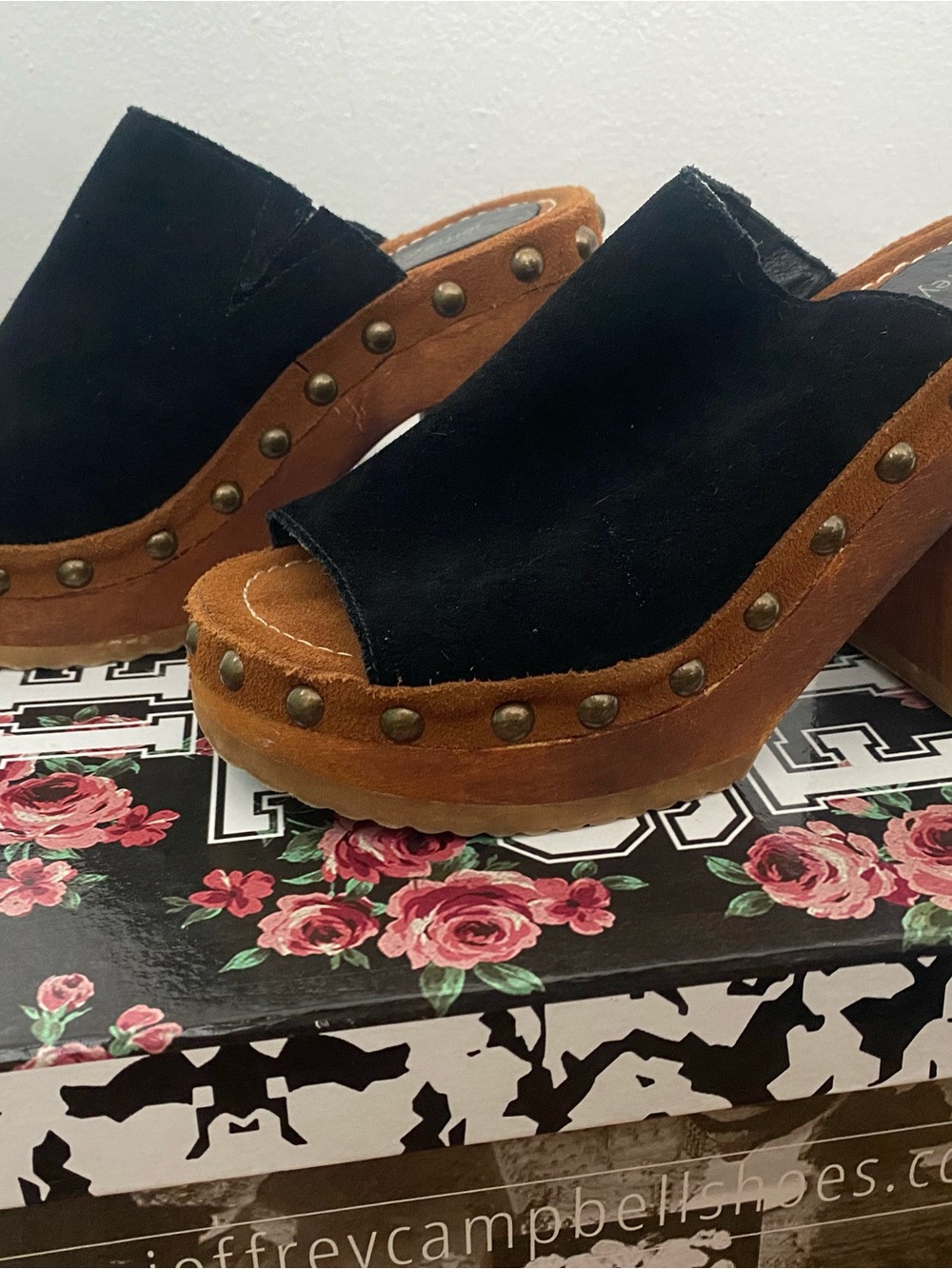 Jeffrey Campbell Black Suede Upper with Brown Wooden Platform Clogs - Picture 6 of 7